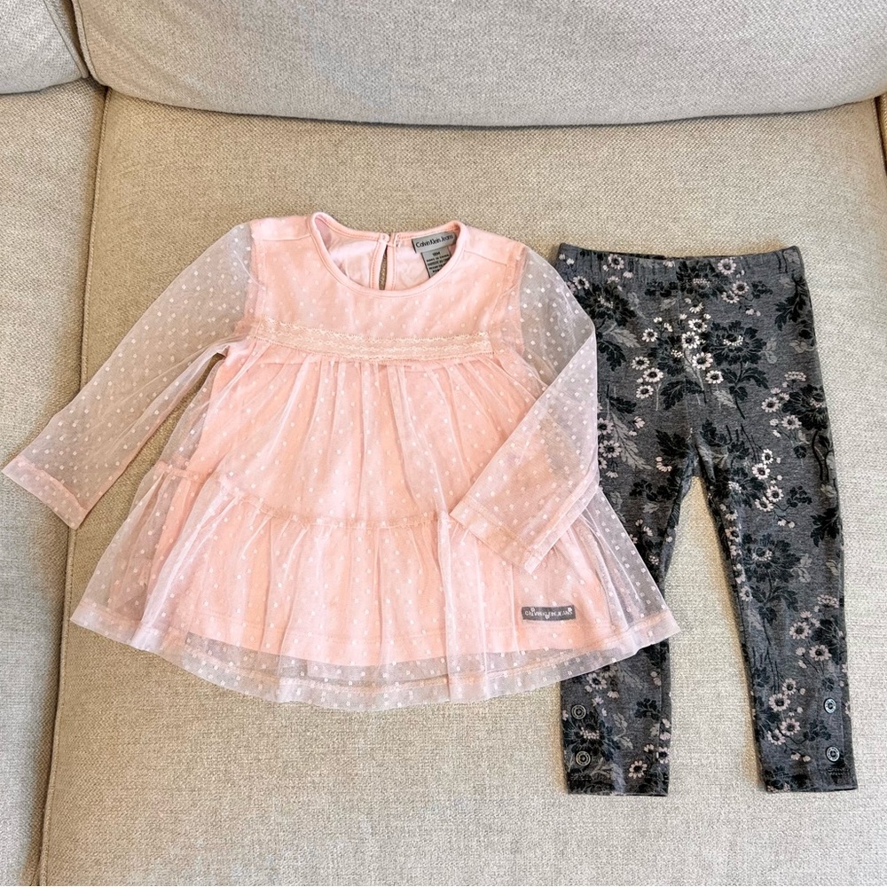 Calvin Klein Jeans Toddler Girl 18M Pink Swiss Dot Tulle Top,Floral Leggings Set - Picture 3 of 9